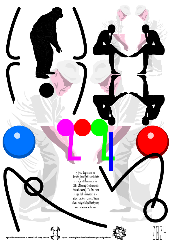 Abstract poster with black shapes and colorful spheres