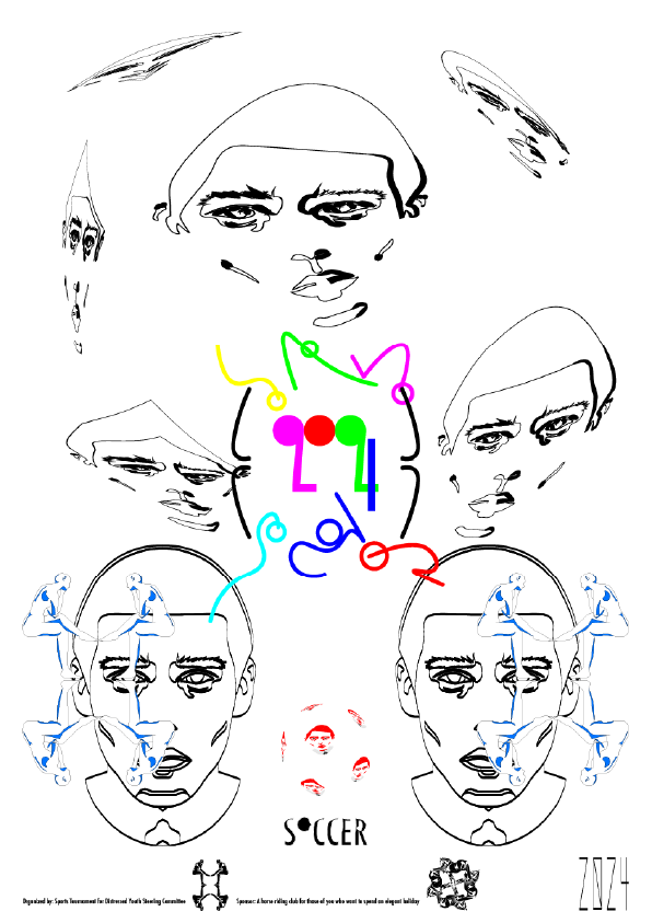 Abstract poster with black shapes and colorful spheres